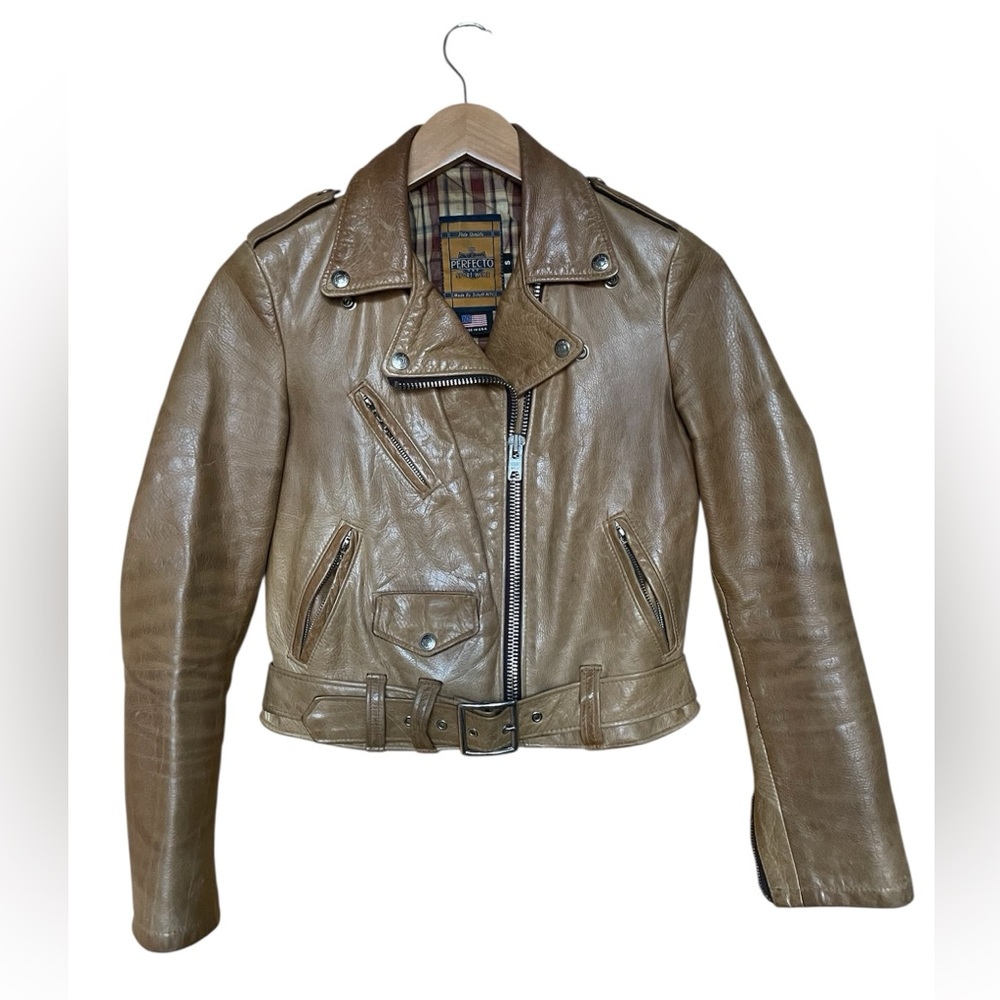 Schott  NYC Cropped Perfecto Tan Leather Jacket Size Small